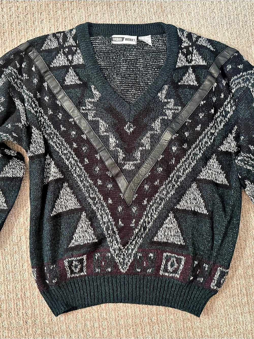Vintage 80s 90s Urban Works Chevron Leather Trim Geometric Knit Sweater Size L
